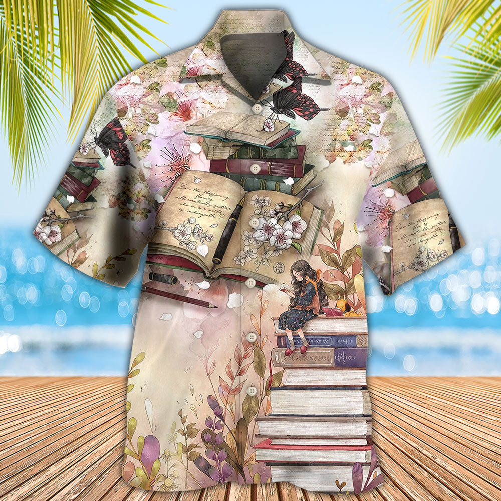 Vintage Butterfly Book Reading Hawaiian Shirt Pattern Detail For Vacation Travel And Daily Wear