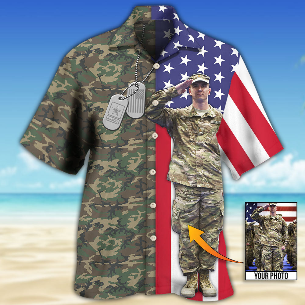 Tropical US Army Flag Custom Photo Hawaiian Shirt For Vacation Days And Relaxed Coastal Outings