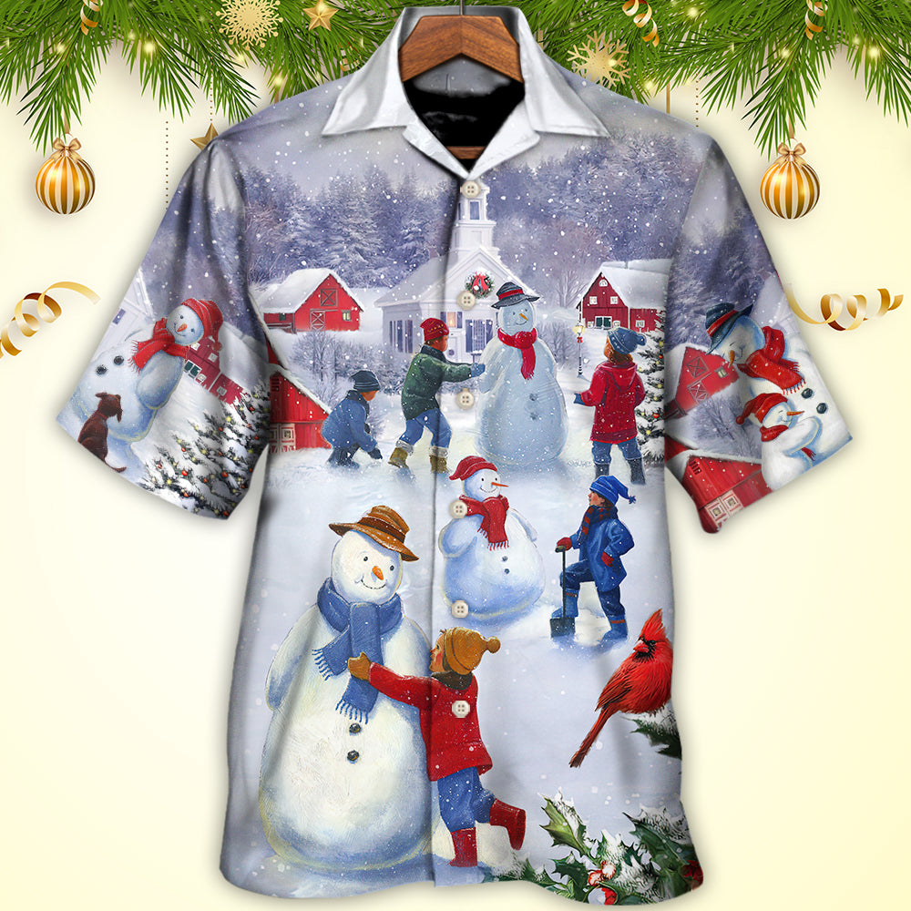 Christmas Snowman Town Hawaiian Shirt Print Closeup For Tropical Vacations