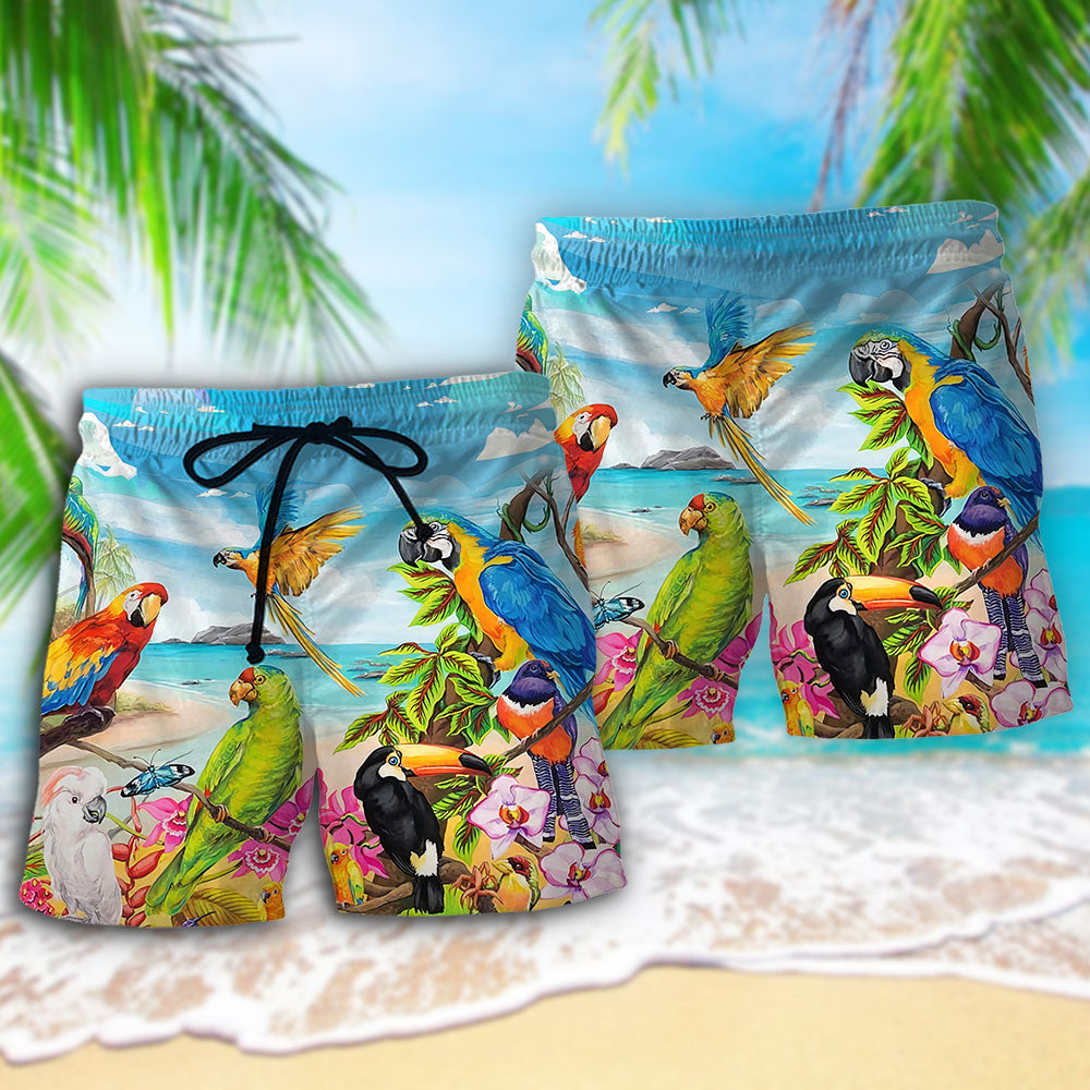 Parrot Sky Beach Shorts Pattern Detail For Casual Summer Plans And Flexible Everyday Wear