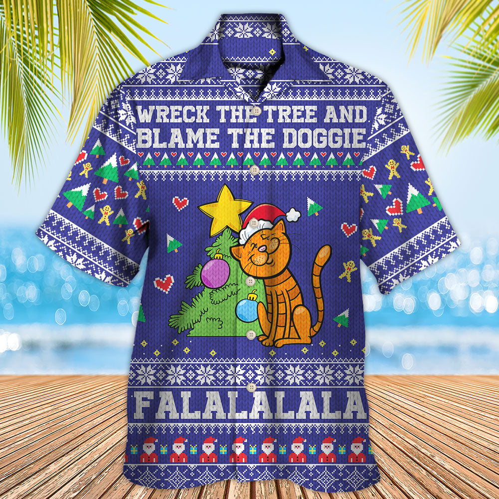 Cat Wreck Tree Blame Doggie Christmas Hawaiian Shirt Design Detail For Beach Days And Holiday Travel