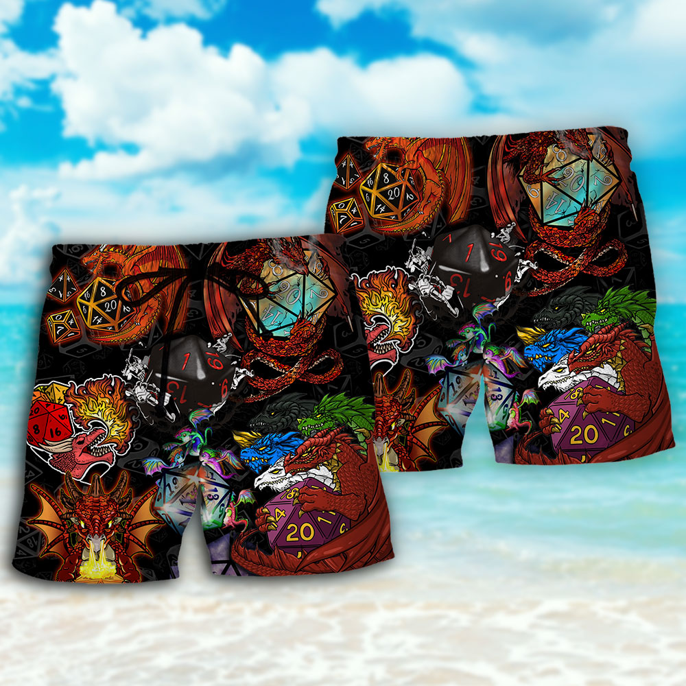 Fire Dragon Dice Fantasy Beach Shorts Pattern View For Vacation Travel And Outdoor Fun