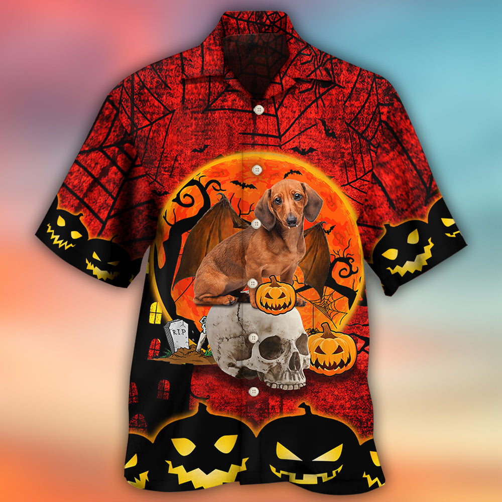 Halloween Spooky Dachshund Pumpkin Hawaiian Shirt Tropical Styling View For Resort Wear