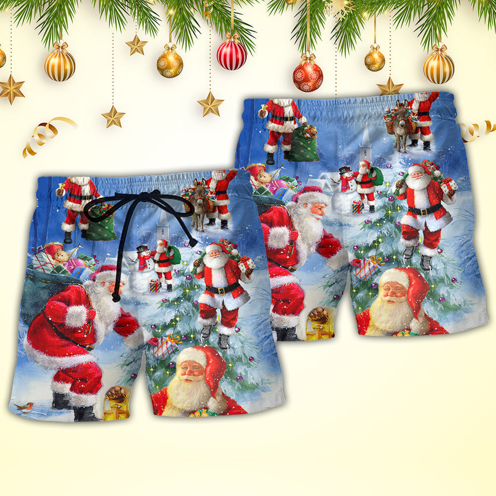 Christmas Santa Coming Night Story Beach Shorts Artwork Detail For Casual Warm Weather Outfits