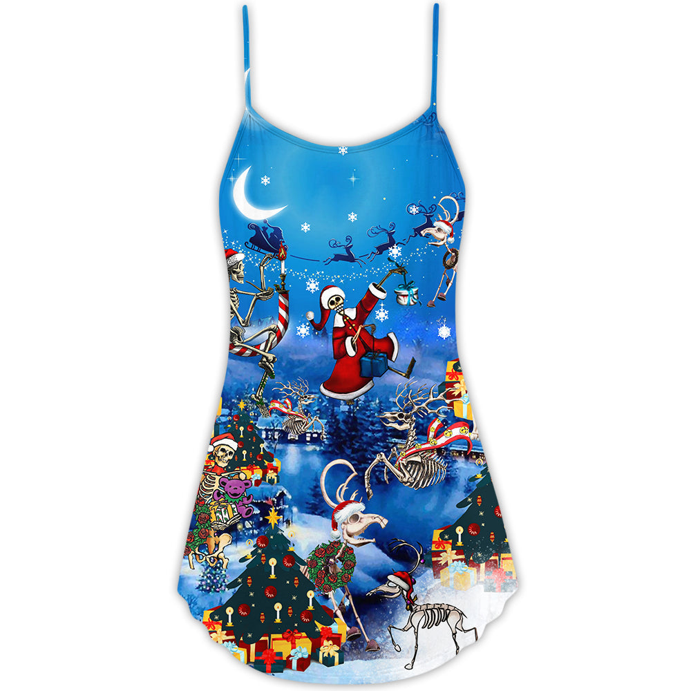 Christmas Skull Merry Holiday Theme V-Neck Sleeveless Cami Dress For Vacations And Casual Warm Weather Wear