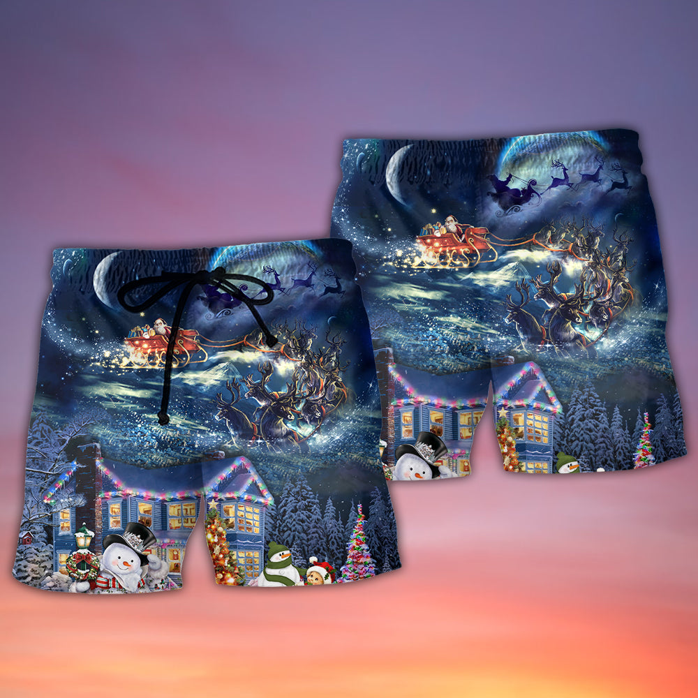 Santa Family Love Holiday Lights Beach Shorts Artwork Detail For Tropical Travel And Everyday Wear