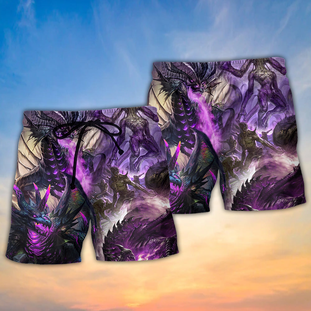 Purple Dragon Skull Lightning Fantasy Beach Shorts Pattern Detail For Sunny Outdoor Activities