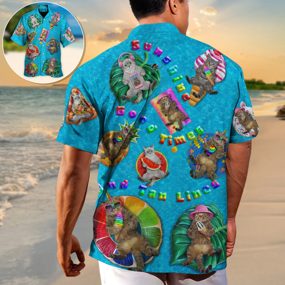 Beach Cat Sunbathing Sunshine Times Tan Lines Hawaiian Shirt For Resort Trips, Coastal Parties, And Warm Weather Style