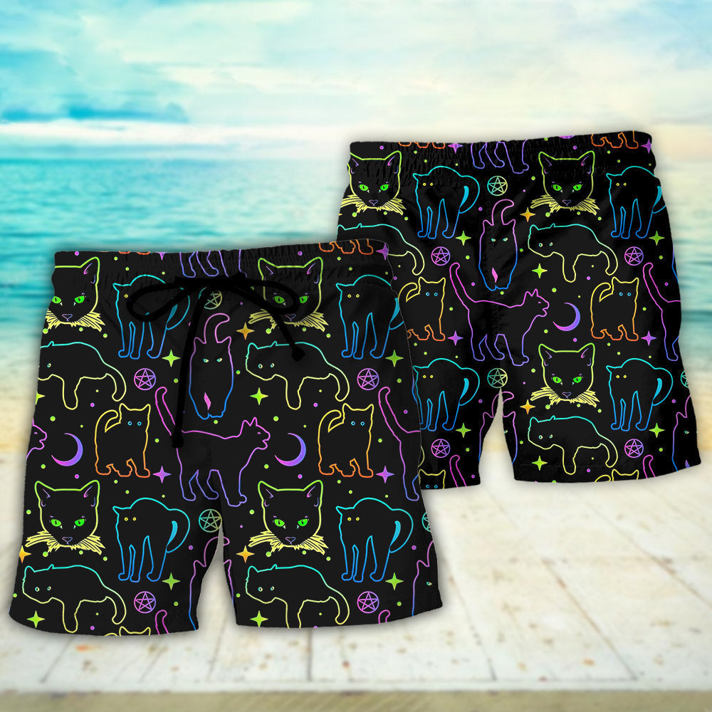 Neon Cat Playing Magical Colors Beach Shorts For Coastal Adventures And Relaxed Summer Wear