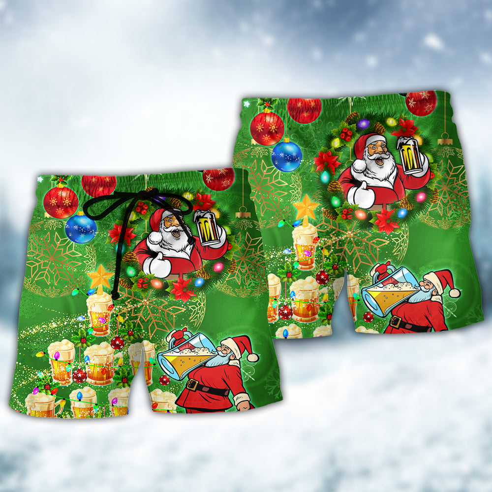 Funny Santa Beer Holiday Lights Beach Shorts Pattern View For Vacation Travel And Outdoor Fun