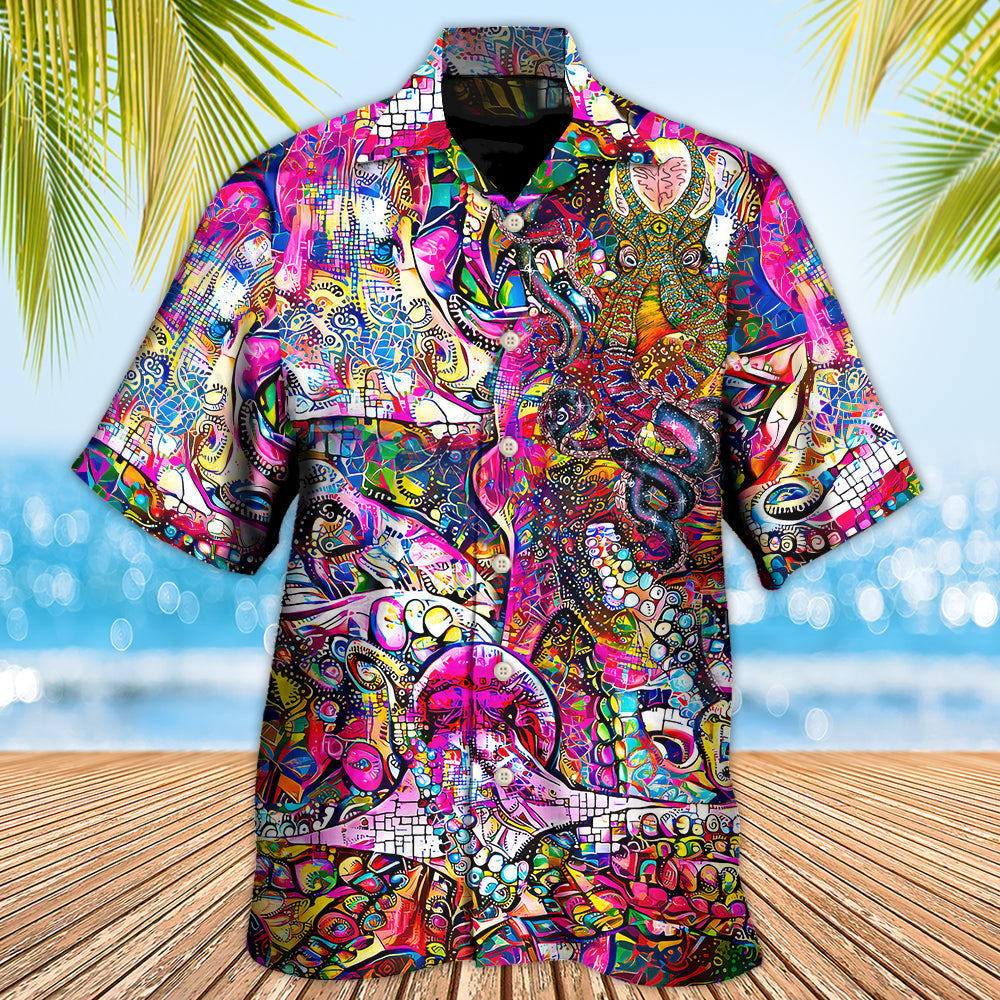 Octopus Whimsical Modern Psychedelics Hawaiian Shirt Design Detail For Beach Days And Holiday Travel