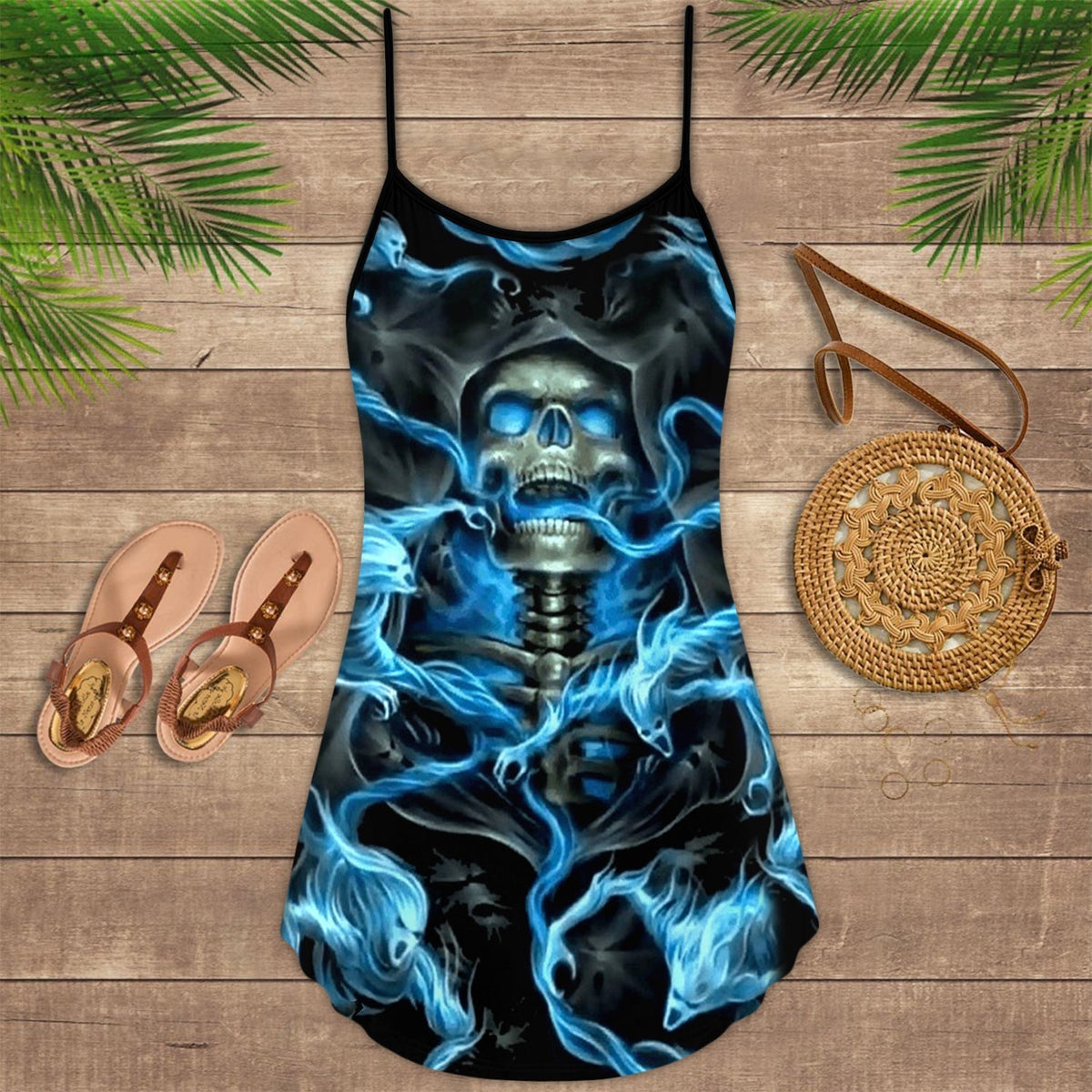 Skull Black Ground Blue V-Neck Sleeveless Cami Dress For Alternative Festivals And Bold Summer Style