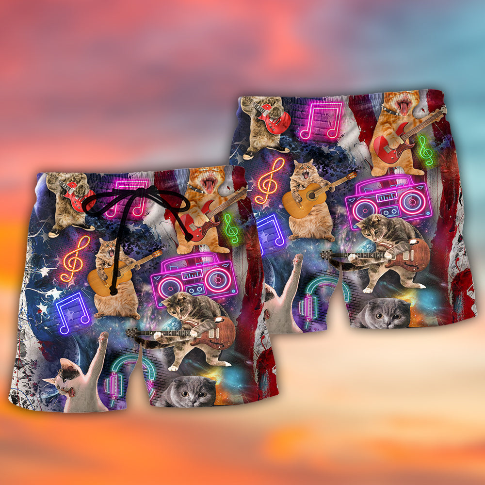 Cat Rocker USA Independence Day Fun Beach Shorts Design View For Summer Events And Coastal Getaways