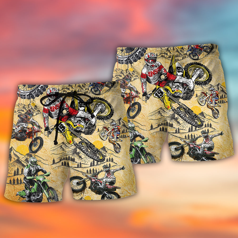 Vintage Motocross Biker Motorcycle Beach Shorts Design View For Poolside Relaxation And Holiday Trips