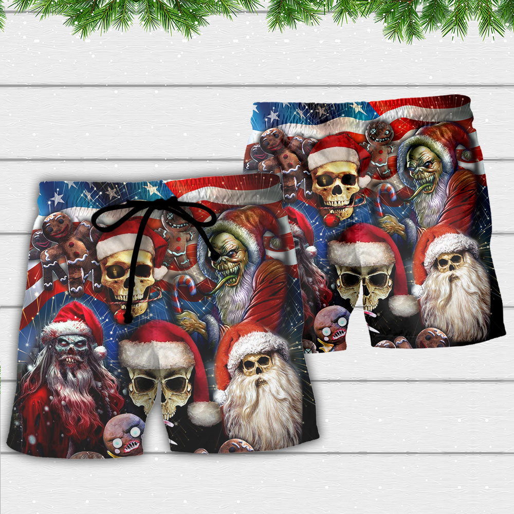 Christmas Skull Patriotic Dark Beach Shorts Artwork Detail For Tropical Travel And Everyday Wear