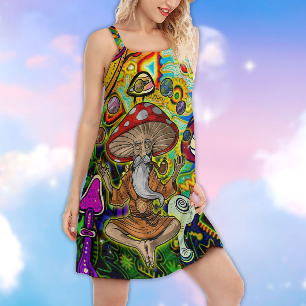 Hippie Mushroom Witch Colorful V-Neck Sleeveless Cami Dress For Creative Events And Casual Warm Weather Wear