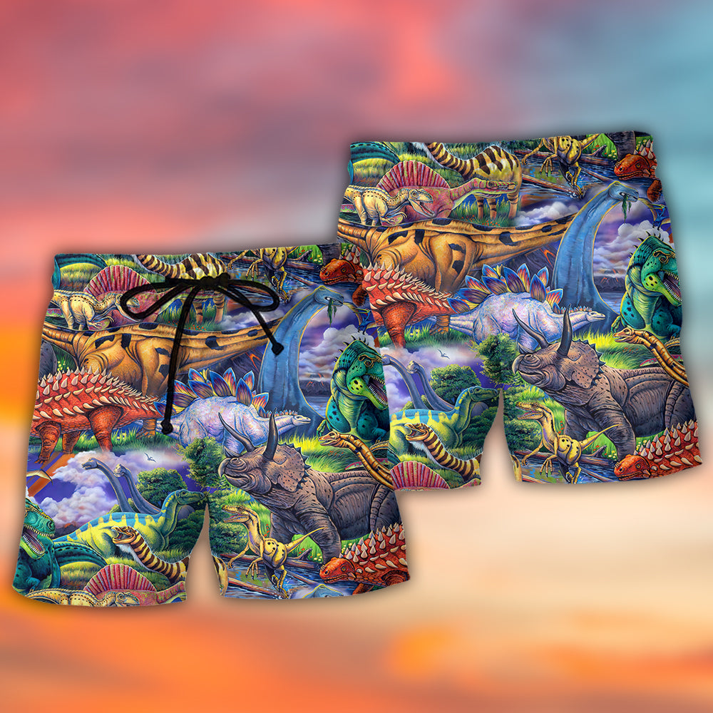 Colorful Dinosaur Beach Shorts Pattern Detail For Warm Weather Comfort And Comfortable Resort Style