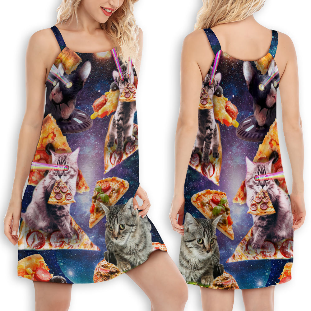 Cat Into Galaxy Pizza Sky V-Neck Sleeveless Cami Dress For Animal Lovers And Casual Summer Wear