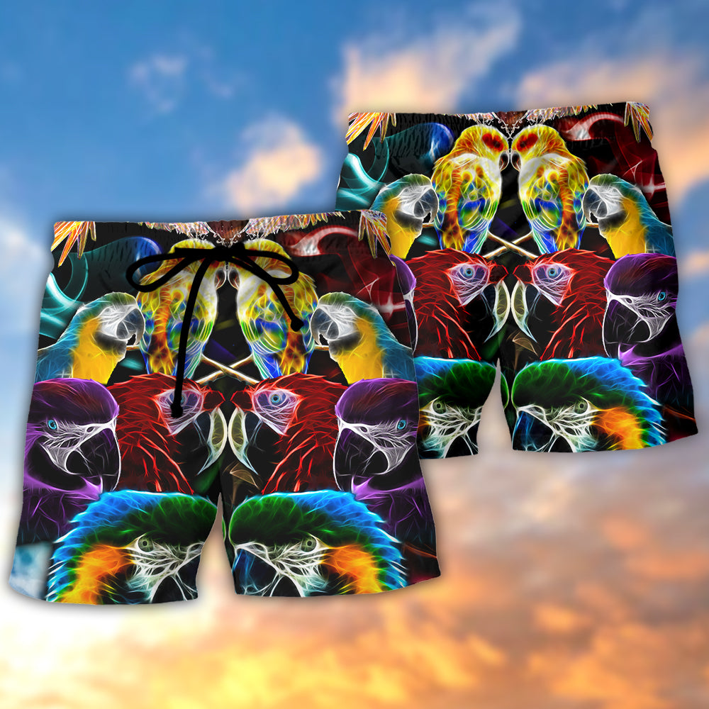 Neon Parrot Colorful Wildlife Beach Shorts Graphic Detail For Resort Trips And Casual Outings