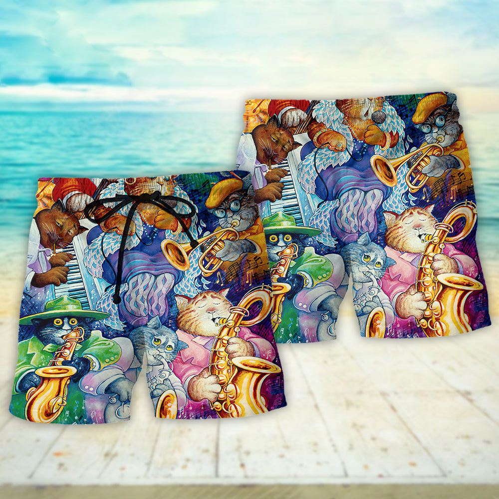 Funny Cat Jazz Music Beach Shorts Pattern View For Resort Days And Outdoor Activities