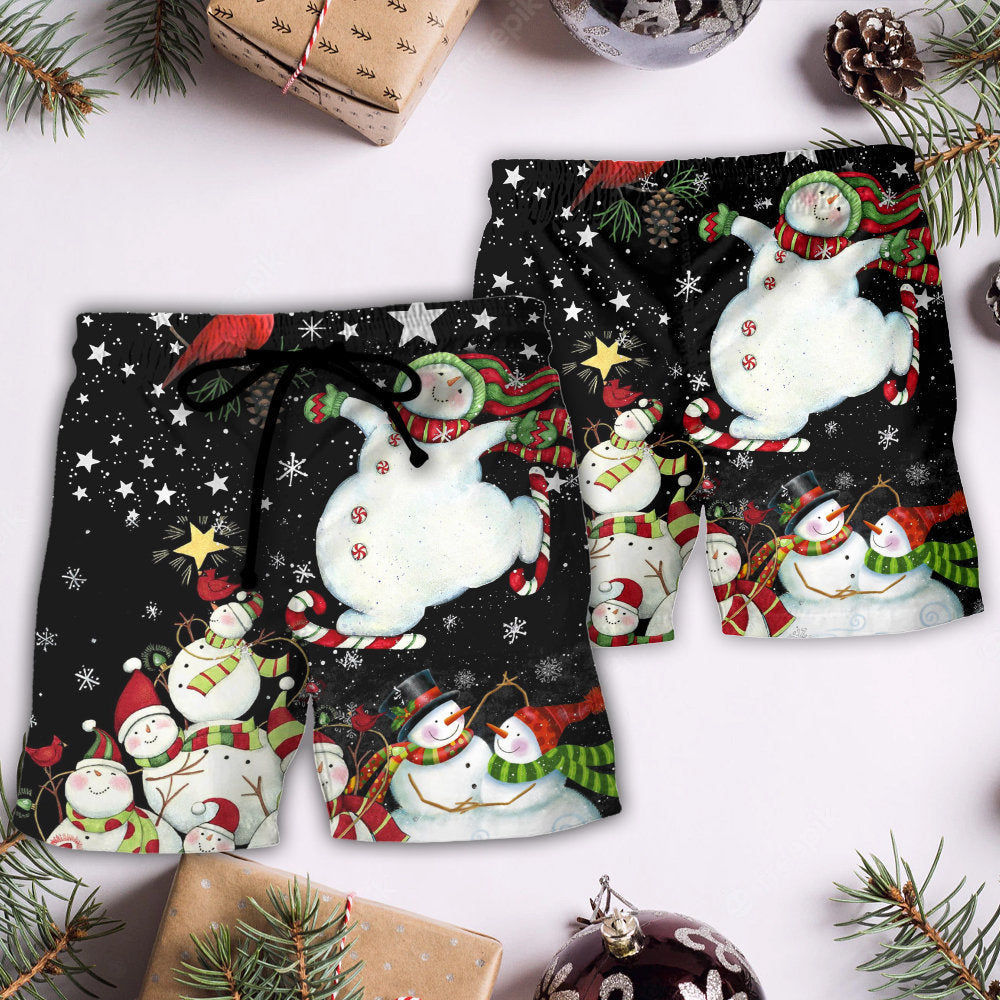 Christmas Snowman Beach Shorts Pattern Detail For Poolside Fun And Laid Back Styling