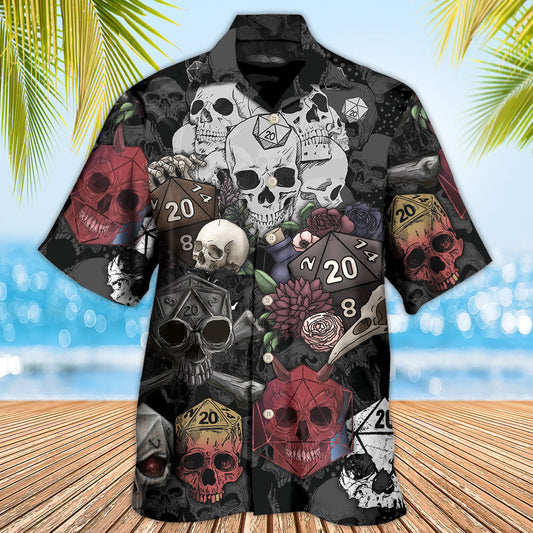 Dark Skull Tabletop Dice Fantasy Hawaiian Shirt Pattern View For Relaxed Warm Weather Outfits