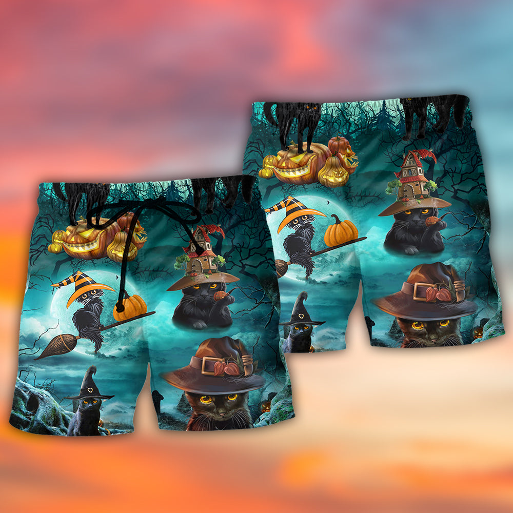 Halloween Black Cat Pumpkin Beach Shorts Pattern Detail For Casual Outings And Vacation Ready Style