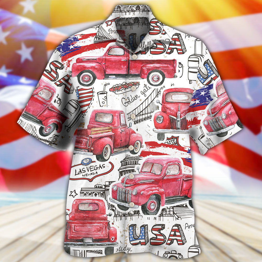 Patriotic Red Truck USA Flag Independence Hawaiian Shirt Design View For Casual Summer Styling