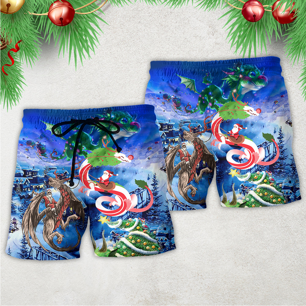 Christmas Santa Riding Dragon Fantasy Beach Shorts For Summer Vacation And Coastal Travel