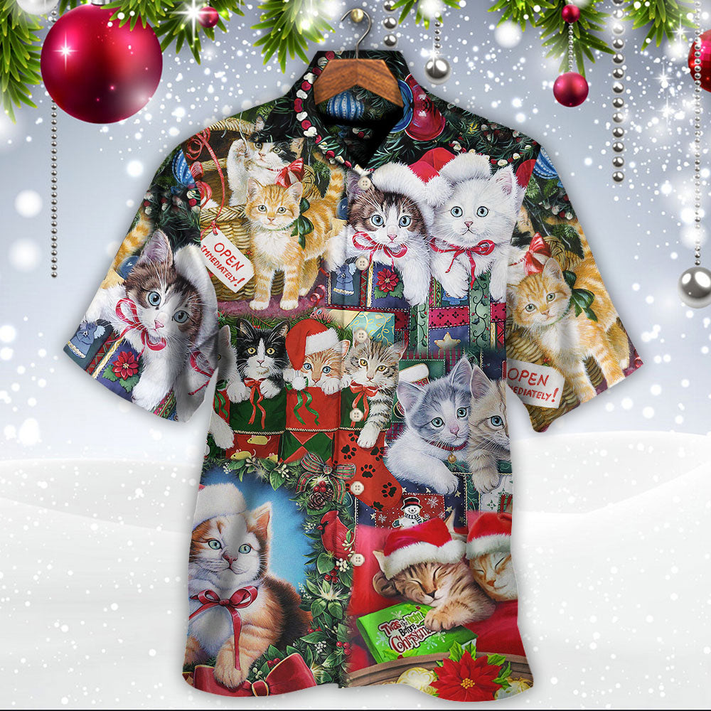 Festive Cat Christmas Tree Hawaiian Shirt Fabric Pattern Detail For Vacation Style