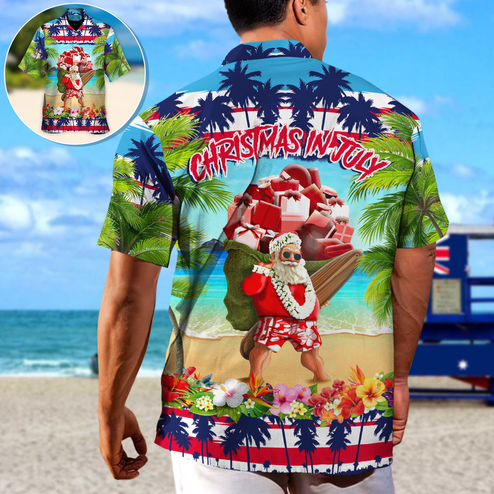 Christmas July Santa Beach Hawaiian Shirt For Holiday Parties, Tropical Vacations, And Festive Gift Giving