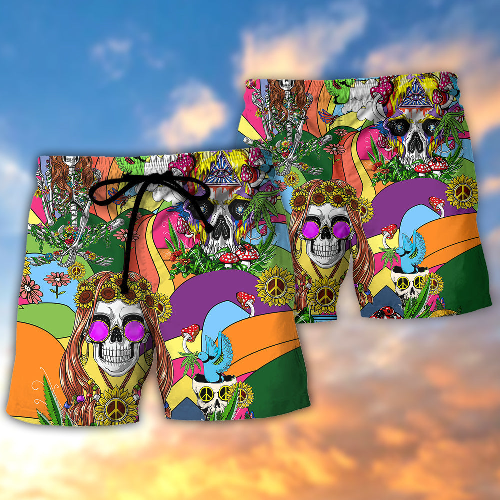 Hippie Peace Colorful Skull Beach Shorts Pattern Detail For Island Trips And Leisure And Relaxation