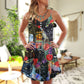 Black Cat Floral Art V-Neck Sleeveless Cami Dress For Festivals Travel And Relaxed Casual Summer Wear