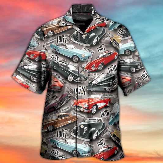 Vintage Classic Car Hawaiian Shirt Collar And Front View For Outdoor Gatherings