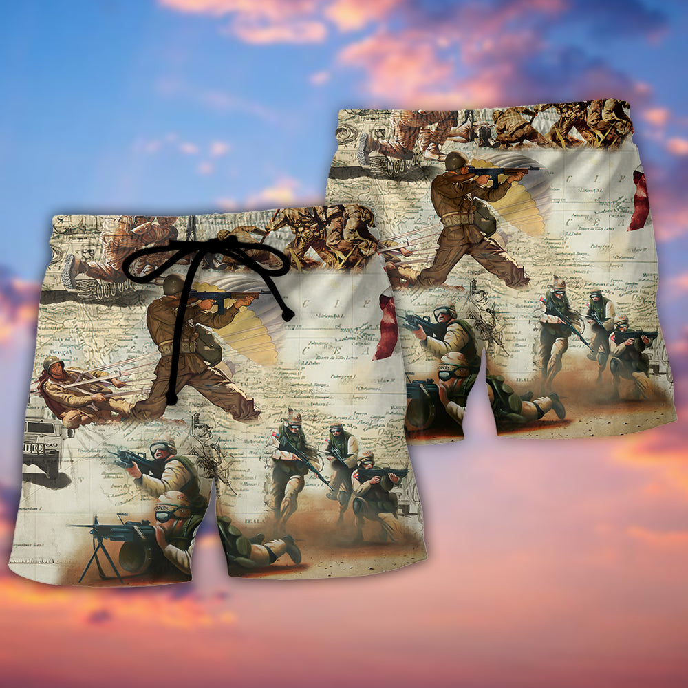 Veteran Soldier Memory Prayer Beach Shorts Artwork Detail For Casual Warm Weather Outfits