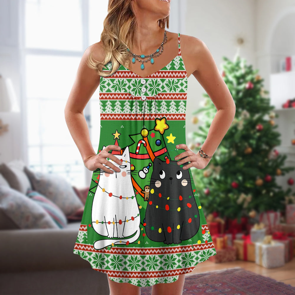Christmas Meowy Cat Tree Fun V-Neck Sleeveless Cami Dress For Festive Events And Casual Summer Styling