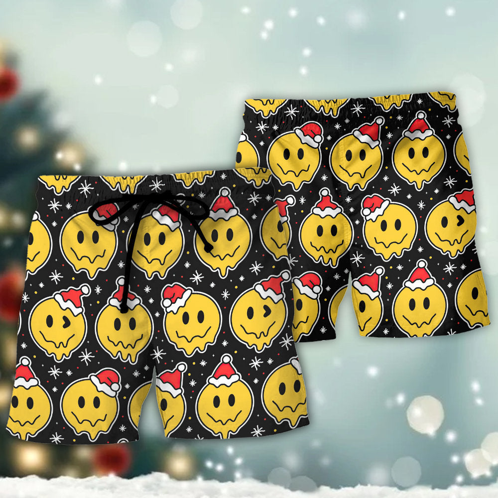Happy Face Santa Hat Beach Shorts Design View For Poolside Relaxation And Holiday Trips