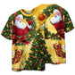 Santa And Golden Christmas Tree Short Sleeve Pajamas Set For Holiday Travel And Comfortable Home Wear