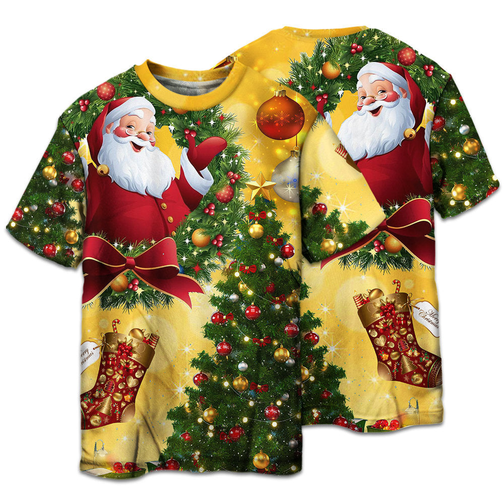 Santa And Golden Christmas Tree Short Sleeve Pajamas Set For Holiday Travel And Comfortable Home Wear