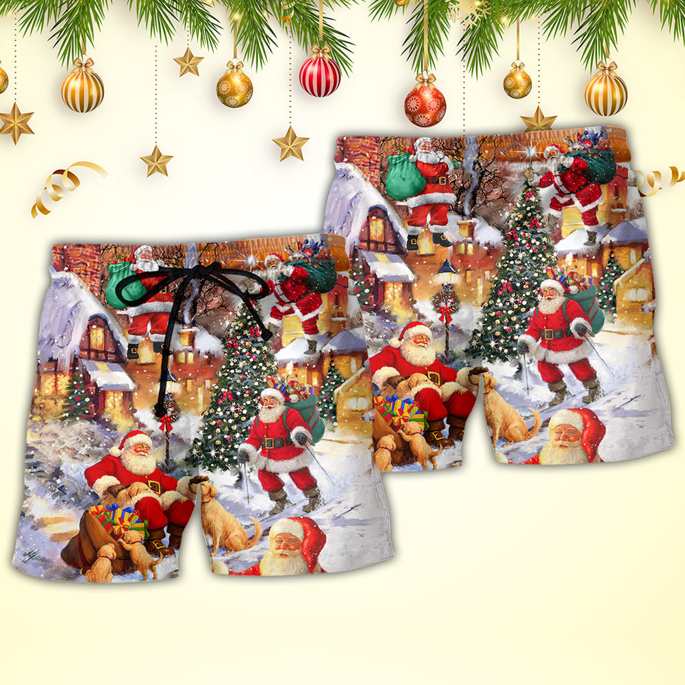 Christmas Santa Story In Festive Town Beach Shorts Print Detail For Festive Outdoor Gatherings