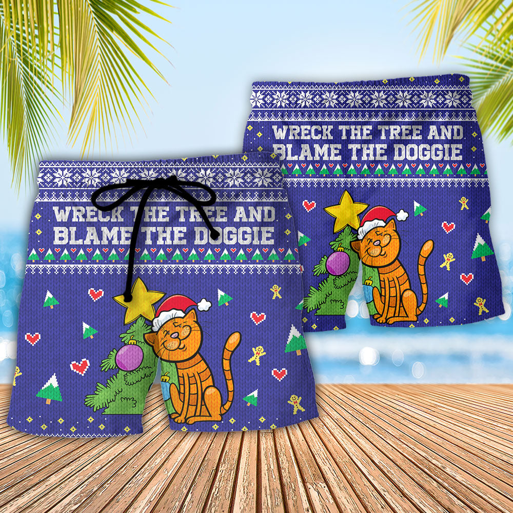 Cat Wreck The Tree And Blame The Dog Christmas Beach Shorts For Warm Weather Celebrations