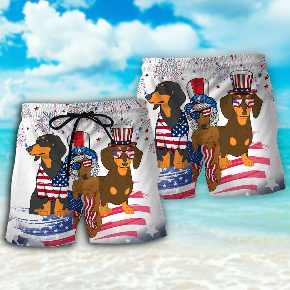Dachshund USA Independence Day Fun Beach Shorts Artwork Detail For Tropical Travel And Everyday Wear