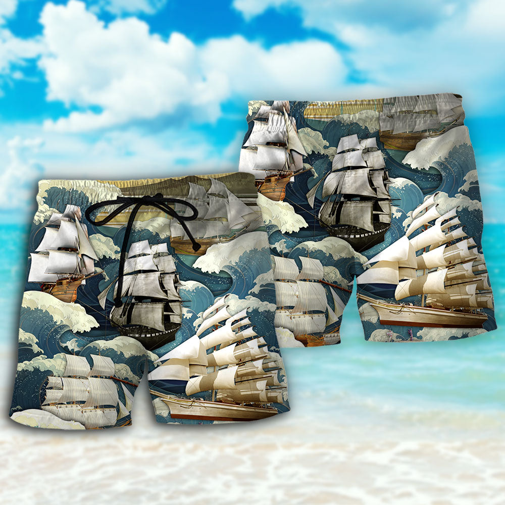 Vintage Sailing Wave Beach Shorts Pattern Detail For Coastal Leisure And Relaxed Casual Style