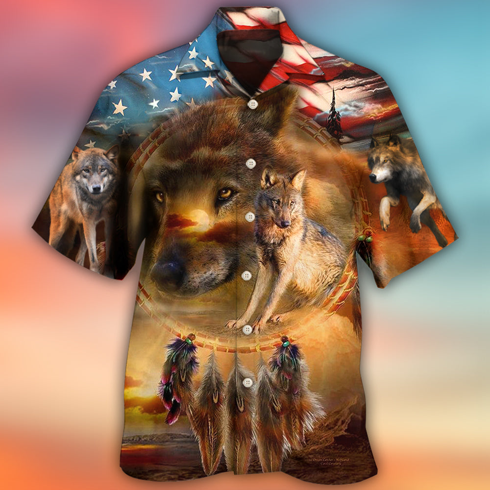 Wolf Independence Day Dreamcatcher American Flag Hawaiian Shirt Pattern Detail For Vacation Travel And Daily Wear