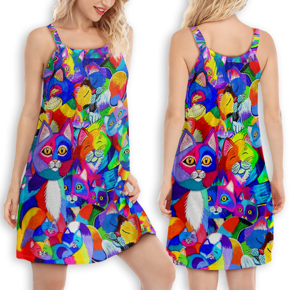 Cat Colorful Rainbow V-Neck Sleeveless Cami Dress For Beach Trips And Charming Warm Weather Outfits