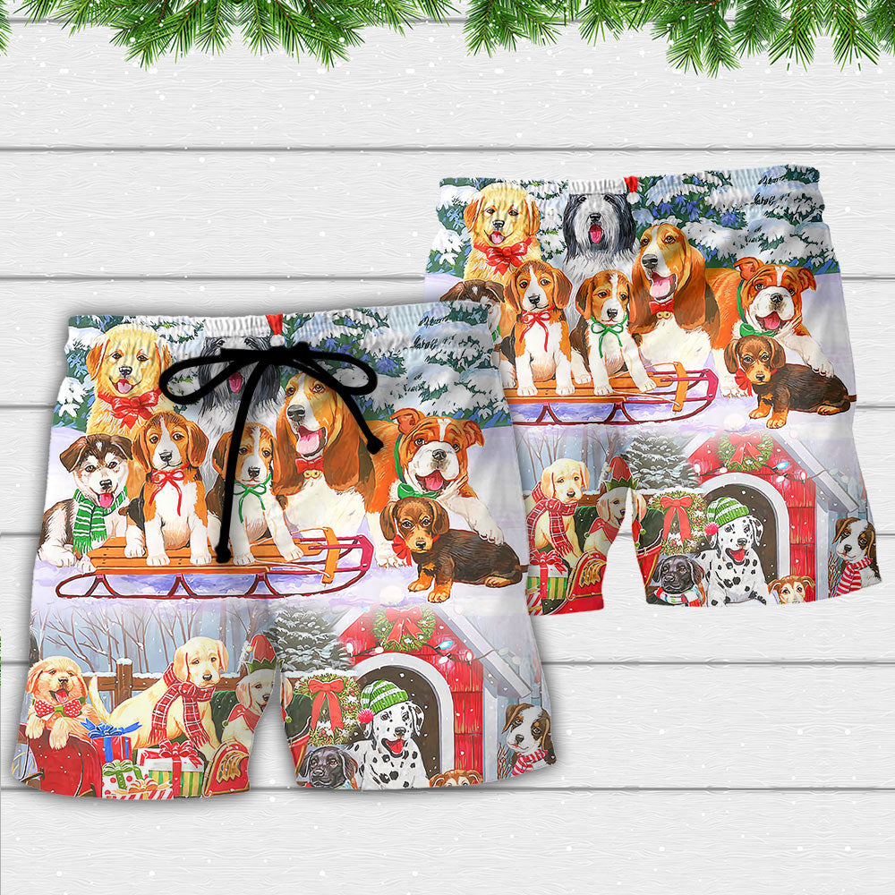Dog Snowman Christmas Tree Beach Shorts Print Detail For Thoughtful Gift Giving