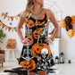 Halloween Skeleton Pumpkin Scary V-Neck Sleeveless Cami Dress For Summer Events And Comfortable Everyday Style