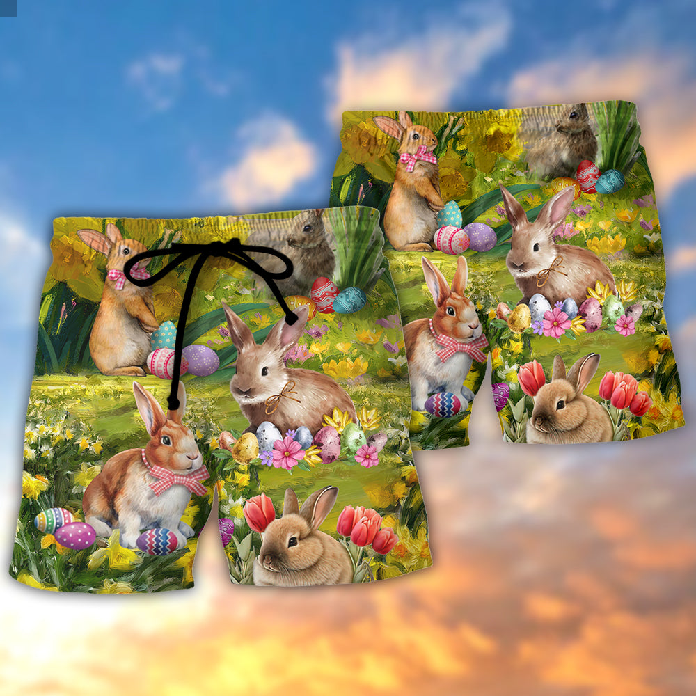 Easter Rabbit Relaxing In Flower Landscape Art Beach Shorts For Island Getaways And Comfort