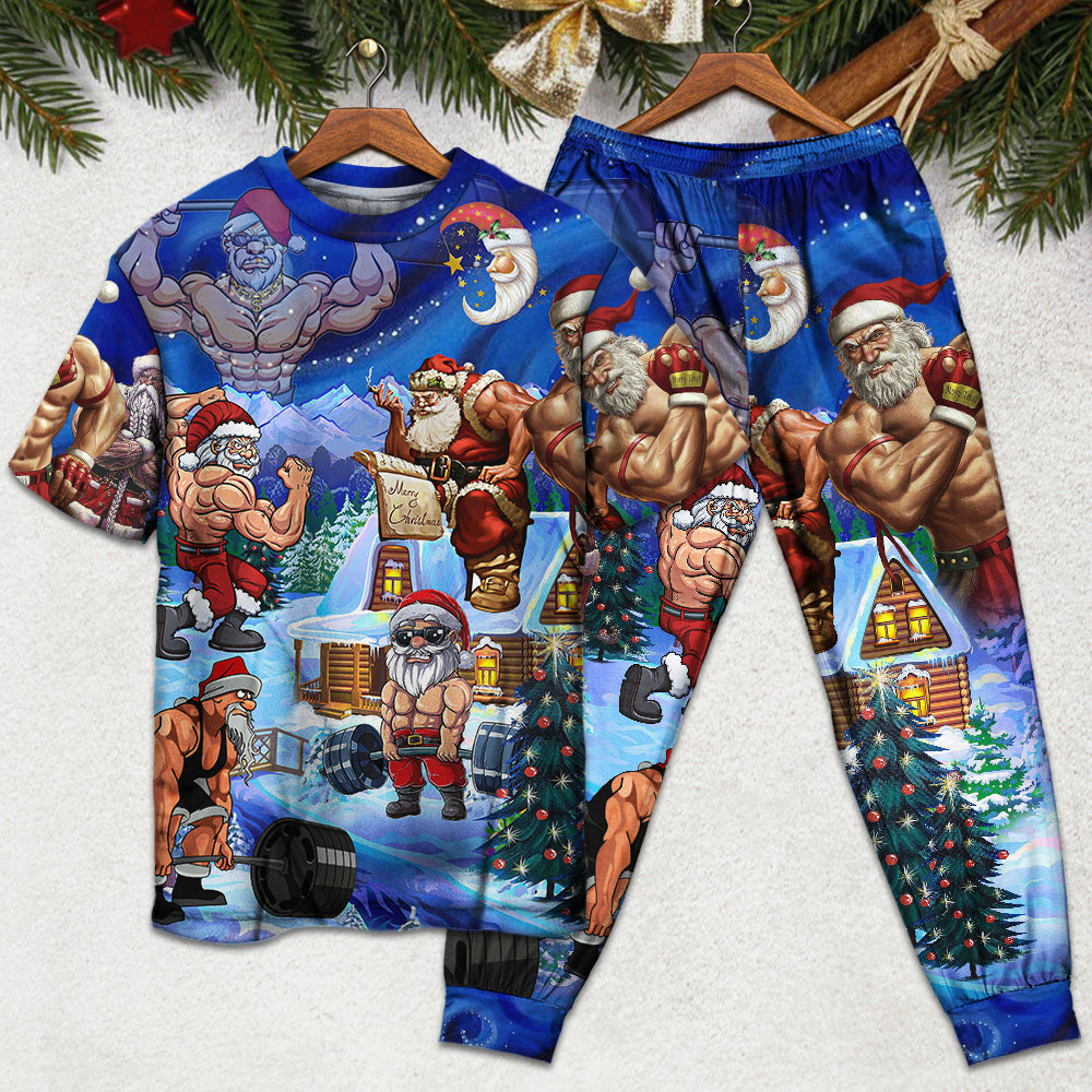 Strong Santa Christmas Short Sleeve Pajamas Set For Christmas Mornings And Relaxed Lounging