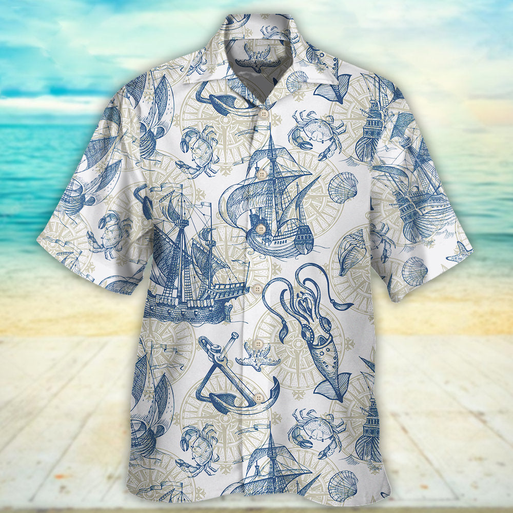 Vintage Ocean Sailboat Sea Monster Geographical Maps Hawaiian Shirt For Coastal Adventures And Warm Weather Wear